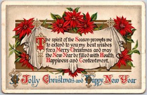 1910 Jolly Christmas And Happy New Year Poinsettia Flowers Posted Postcard