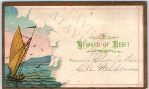 c1880s  Merit Reward  to Charlie Leaver Sailboat Trade Card Teacher CB Waldo C45
