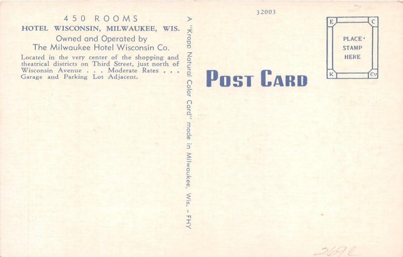 Milwaukee Wisconsin~Hotel Wisconsin on Third Street in Downtown~1940s Postcard