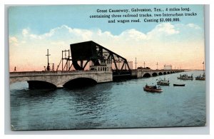 Vintage 1900's Postcard Great Causeway Railroad Tracks Boats Galveston Texas