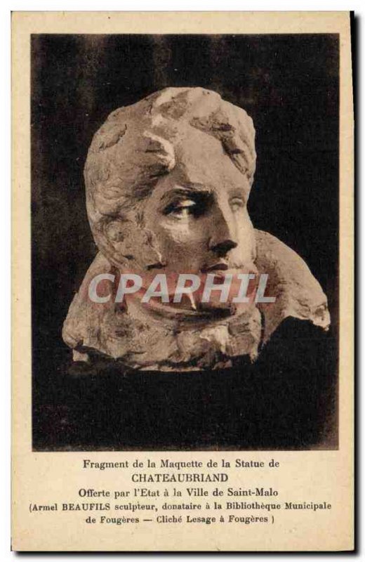 Old Postcard Fragment of the model of the statue of Chateaubriand offered by ...