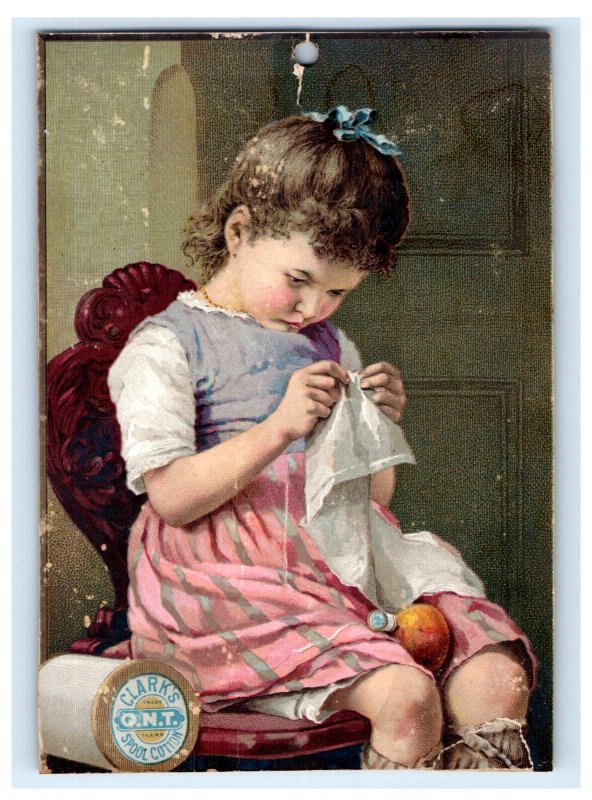 1880s Calendar Top Clark's ONT Spool Cotton Adorable Child Sewing F136