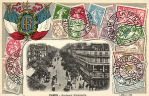 PC STAMPS, PARIS, BOULEVARD MONTMARTRE, Vintage EMBOSSED Postcard (b47928)