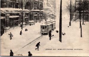 Stormy Day, Cable Car, Shoveling Snow Morgan's Corner Montreal Vtg Postcard J09