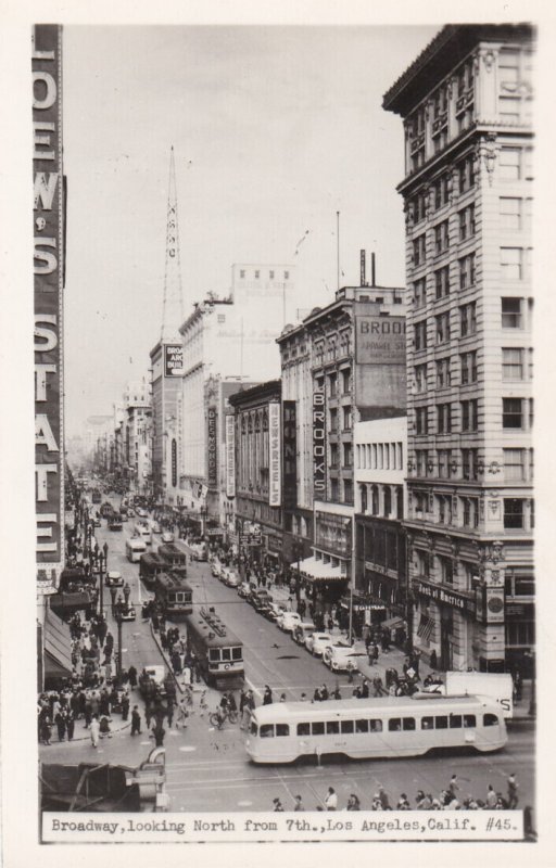 California Los Angeles Broadway Looking North From 7th Trolleys and Buses Rea...