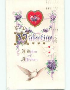 Pre-Linen valentine DOVE BIRD WITH FLOWERS HANGING FROM PURPLE RIBBON k9952