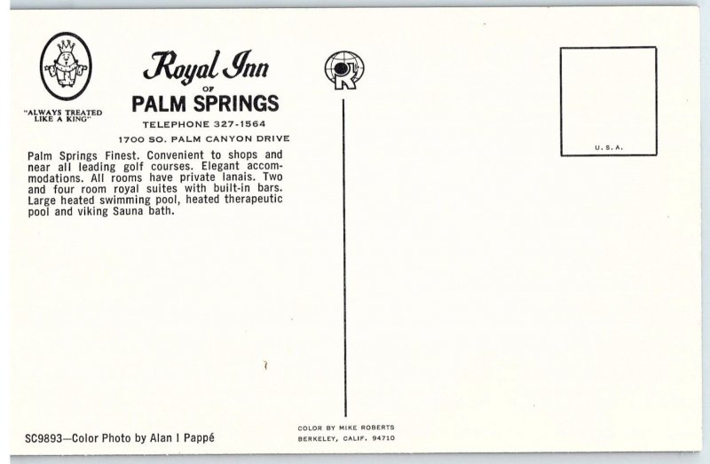 Royal Inn of Palm Sprigs Roadside Motel Postcard Treated Like a King c1970