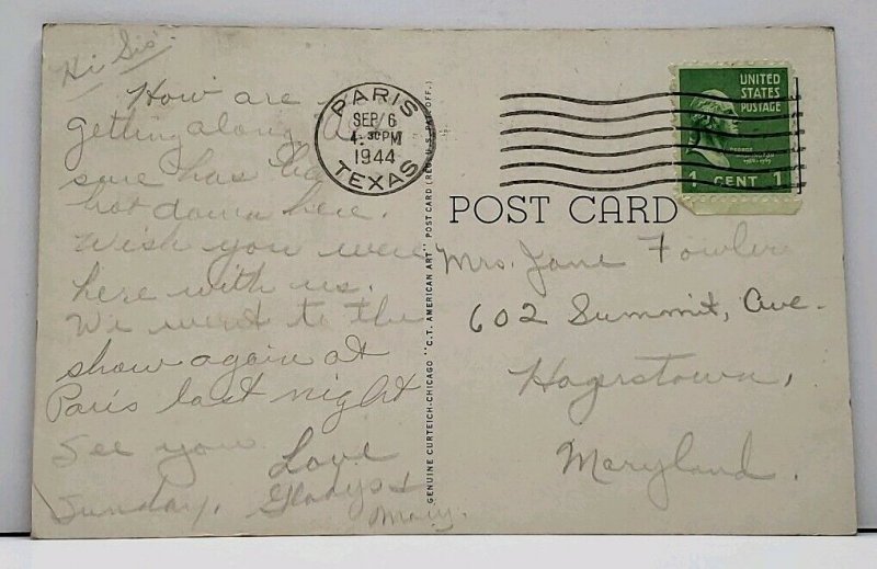 Paris Texas Central Presbyterian  Church 1944 to Hagerstown Md Postcard E4