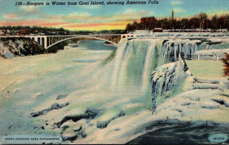 New York Niagara Falls In Winter From Goat Island Showing American Falls Curt...