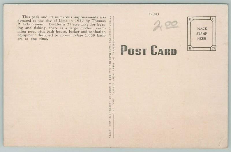 Lima Ohio~Schoonover Park Swimming Pool~1940s Linen Postcard