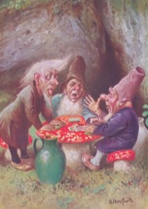 Fantasy Gnomes Dwarves Mushroom A/S Herrfurth Antique Vintage Postcard German