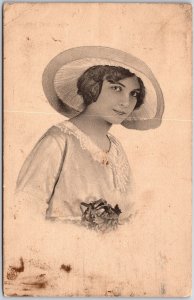 1914 Beautiful Woman Fancy Hat Drawing Artwork Posted Postcard