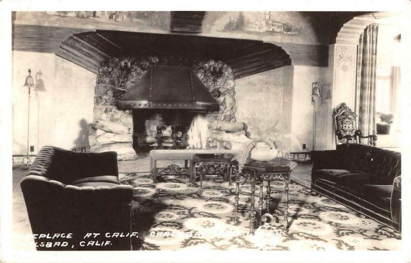 RPPC CARLSBAD HOTEL Fireplace, Interior Carlsbad, CA c1940s Vintage Postcard