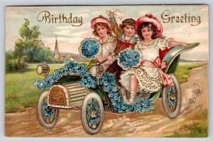 Victorian Children Drive Forget-Me-Not Bedecked Auto~Gold~c1910 Vintage Postcard