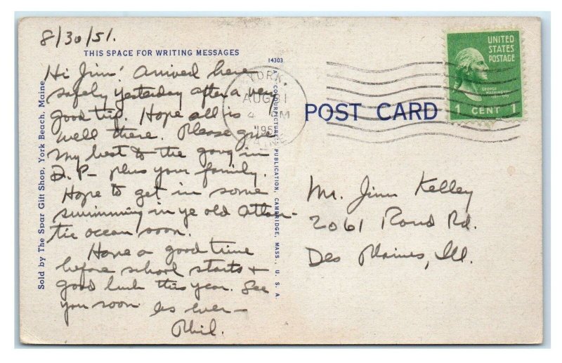 YORK BEACH, ME Maine  ~   LARGE LETTER LINEN  1951 Colourpicture   Postcard