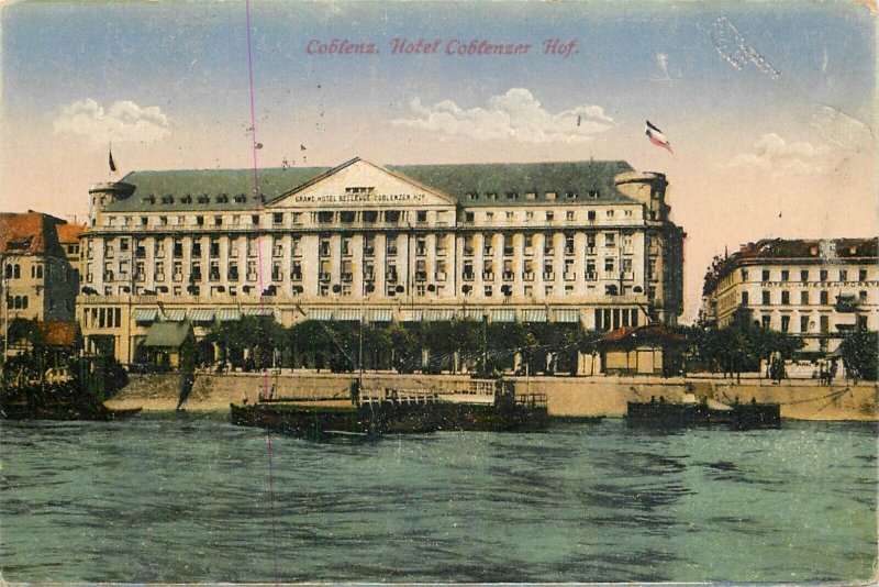 Germany navigation themed postcard Coblenz Hotel tugboat fishing vessels