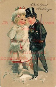 Christmas, PFB No 7107-4, Boy with Top Hat & Black Jacket & Girl with Handmuff