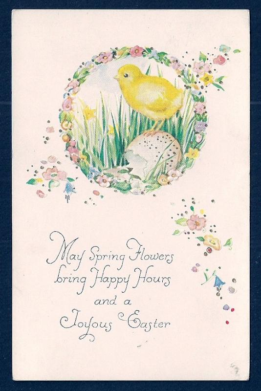 Flowers Happy Hours Chick w/egg Joyous Easter unused c1910's