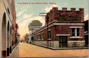 Postcard Front Street and new Station Colon, Panama