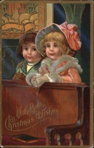 Christmas Cute Kids Children in Church Pew c1910 Vintage Postcard