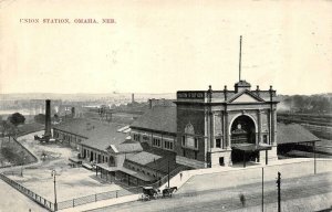 OMAHA, NE Nebraska  UNION RAILROAD STATION~Train Depot HORSE~BUGGY 1910 Postcard