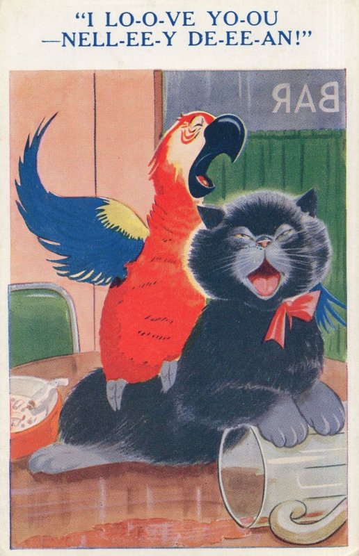 Cat & Parrot In Pub Getting Drunk Singing Vintage Comic Postcard