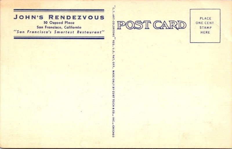 San Francisco, CA California  JOHN'S RENDEZVOUS RESTAURANT  ca1940's Postcard