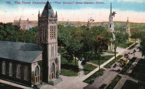 Vintage Postcard 1916 The Three Churches on The Green New Haven Connecticut CT