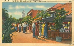Los Angeles California Oliveras St Touch of Old Mexico Linen Postcard Unused