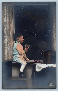 c1910's Little Boy With Champagne On Window Stars RPPC Photo Antique Postcard