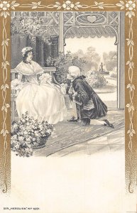 Love Romance Man Asking Lady in Marriage Garden Flowers Couple postcard B919