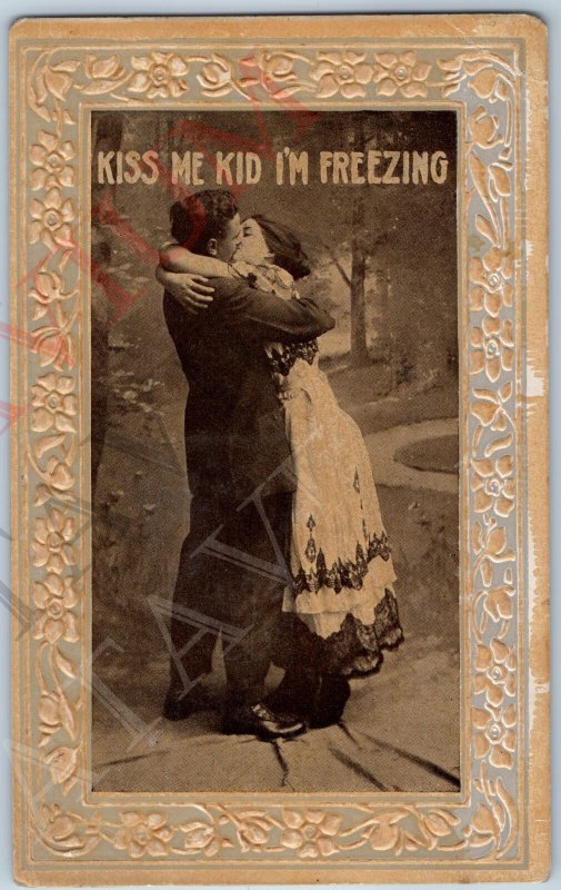 c1910s Romance Postcard Kiss Me Kid I'm Freezing! Embossed Border Love PC A195