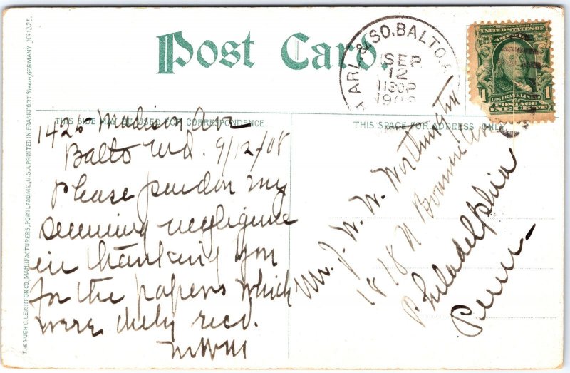 VINTAGE POSTCARD THE POST OFFICE AT BALTIMORE MARYLAND POSTED 1908