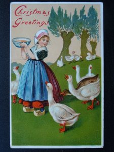 Christmas Greeting DUTCH GIRL FEEDING GEESE / GOOSE - Old Postcard
