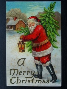 A MERRY CHRISTMAS Santa Clause with XMAS TREE & LANTERN c1906 Embossed Postcard