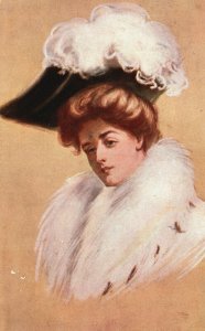 Vintage Postcard Portrait of a Beautiful Woman Curly Short Hair with Fur Hat