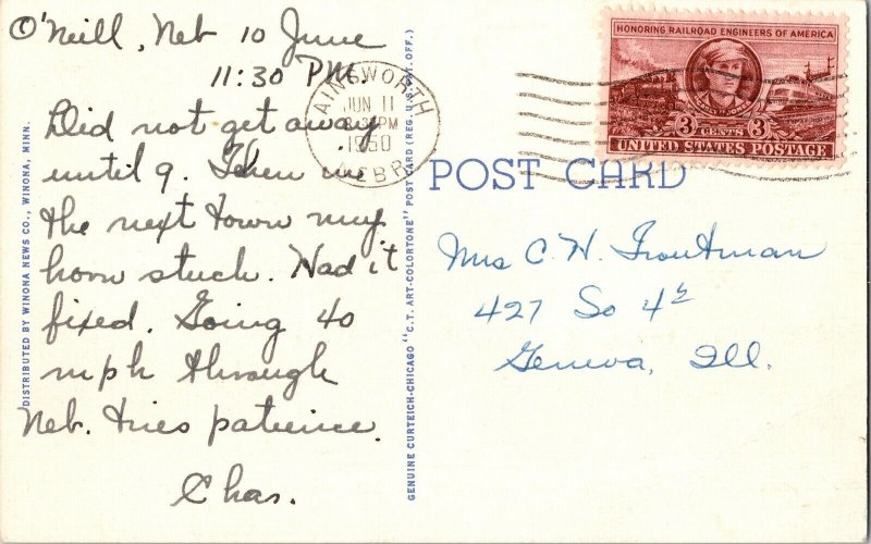 St Marys College Winona Minn Linen Postcard WOB Note 3c Stamp Railroad Engineer 