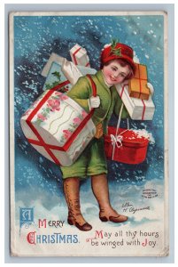 Ellen Clapsaddle Merry Christmas Postcard Girl Gifts Presents Packages Boots