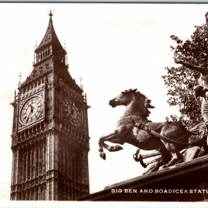 c1940s London, UK RPPC Big Ben Clock Boadicea Statue Westminster Bridge Vtg A337