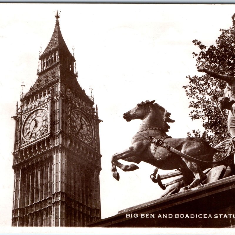 c1940s London, UK RPPC Big Ben Clock Boadicea Statue Westminster Bridge Vtg A337