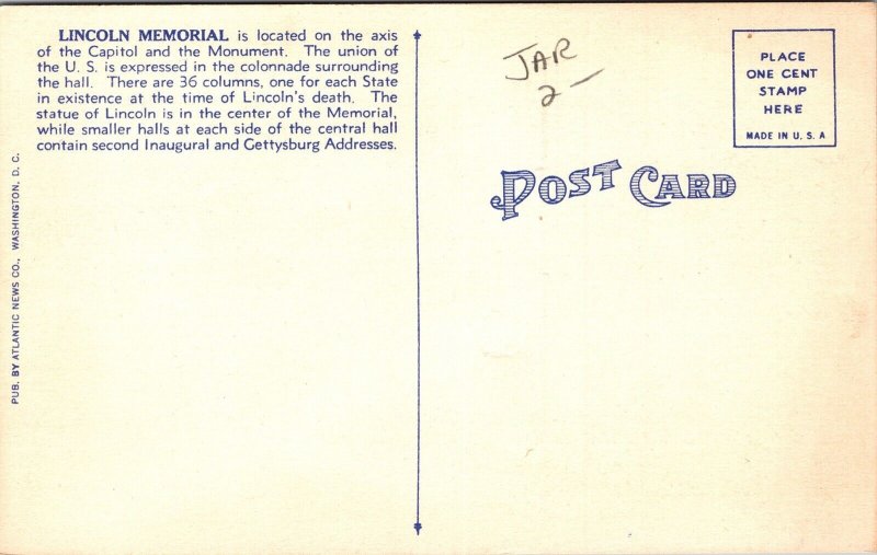 Lincoln Memorial Mirror Pool Washington Dc Reflection Linen Monument Postcard 