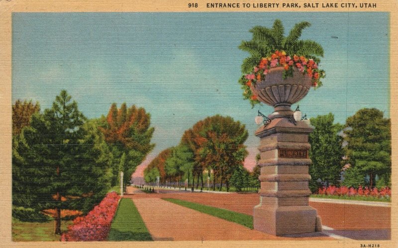 Vintage Postcard 1953 Entrance To Liberty Park Salt Lake City Utah Deseret Book