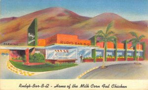 RUDY'S BAR-B-Q Roadside Art Deco PALM SPRINGS, CA Linen 1950 Vintage Postcard