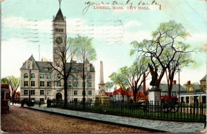 Postcard MA Lowell City Hall Streetcar Monument Cannons Clock Tower 1909 H17