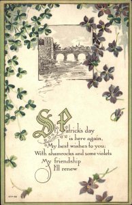 St Patrick's Day Ireland Bridge Clovers Embossed c1910 Vintage Postcard