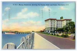 c1942 Murray Boulevard Showing Fort Sumter Hotel Docks Charleston SC Postcard