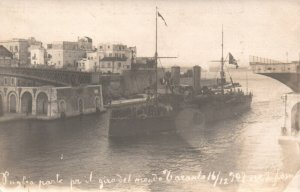 Italian Navy Cruiser Entering Port at Taranto - c1910s RPPC