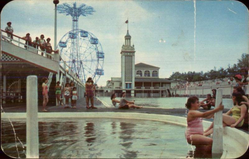 Coney Island NY Swimming Pool & Ferris Whell c1940s-50s Chrome Postcard