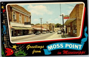 Postcard MS Moss Point Street Scene Coke cars drugstore