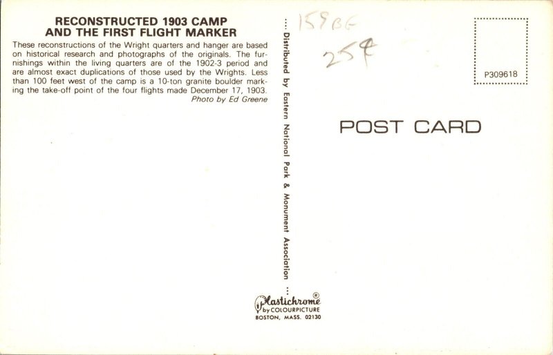 Reconstructed Camp and First Flight Marker, Kitty Hawk NC Vintage Postcard L71